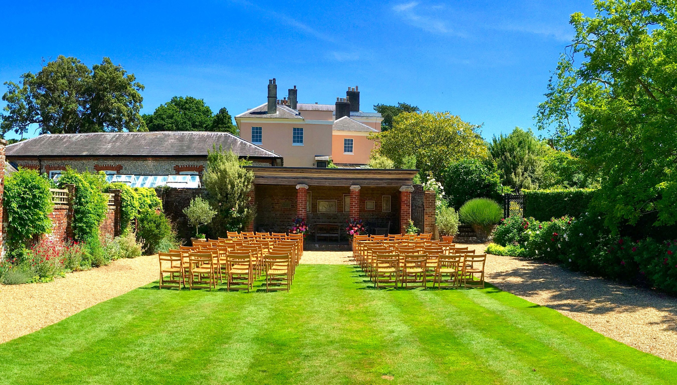 Bignor Park Weddings Greek Loggia & Formal Gardens set up