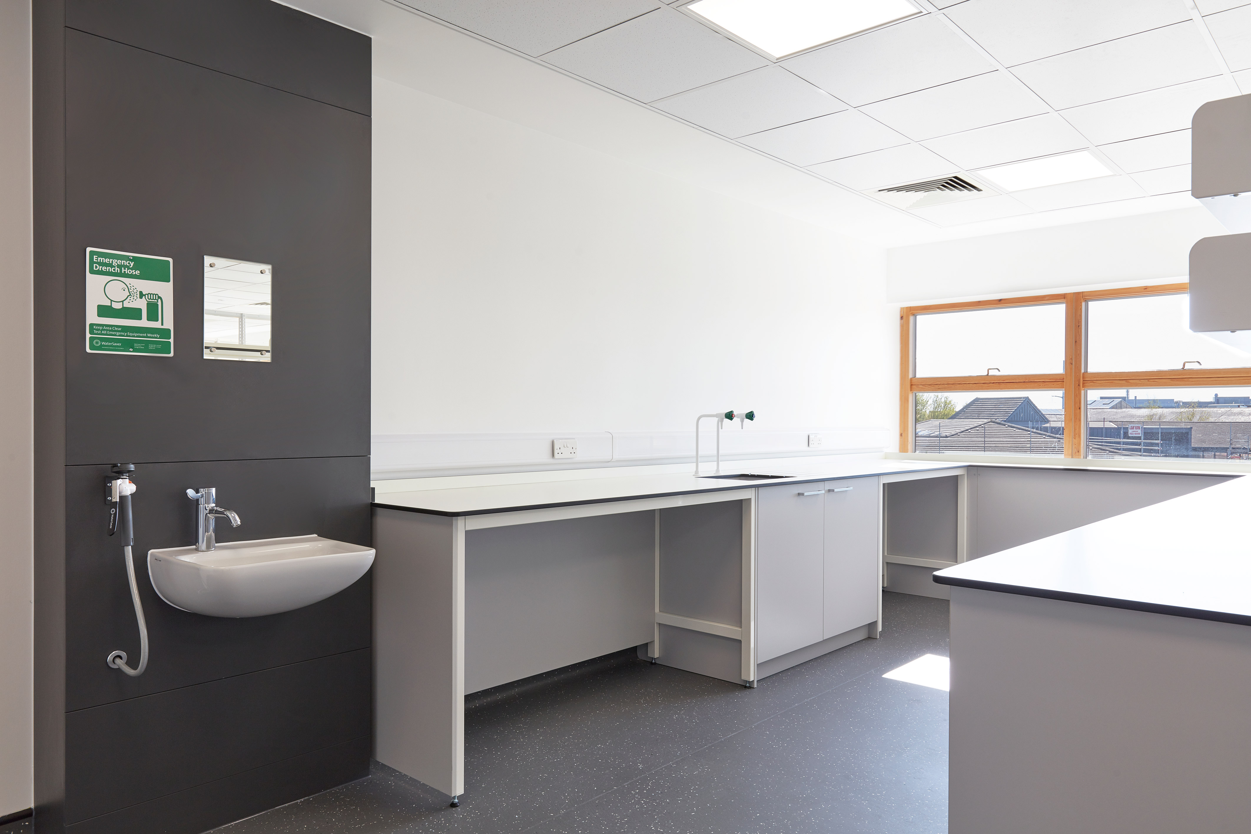 Bright laboratory room with white countertops, under-bench storage, a wall-mounted sink, and a large window providing natural daylight.