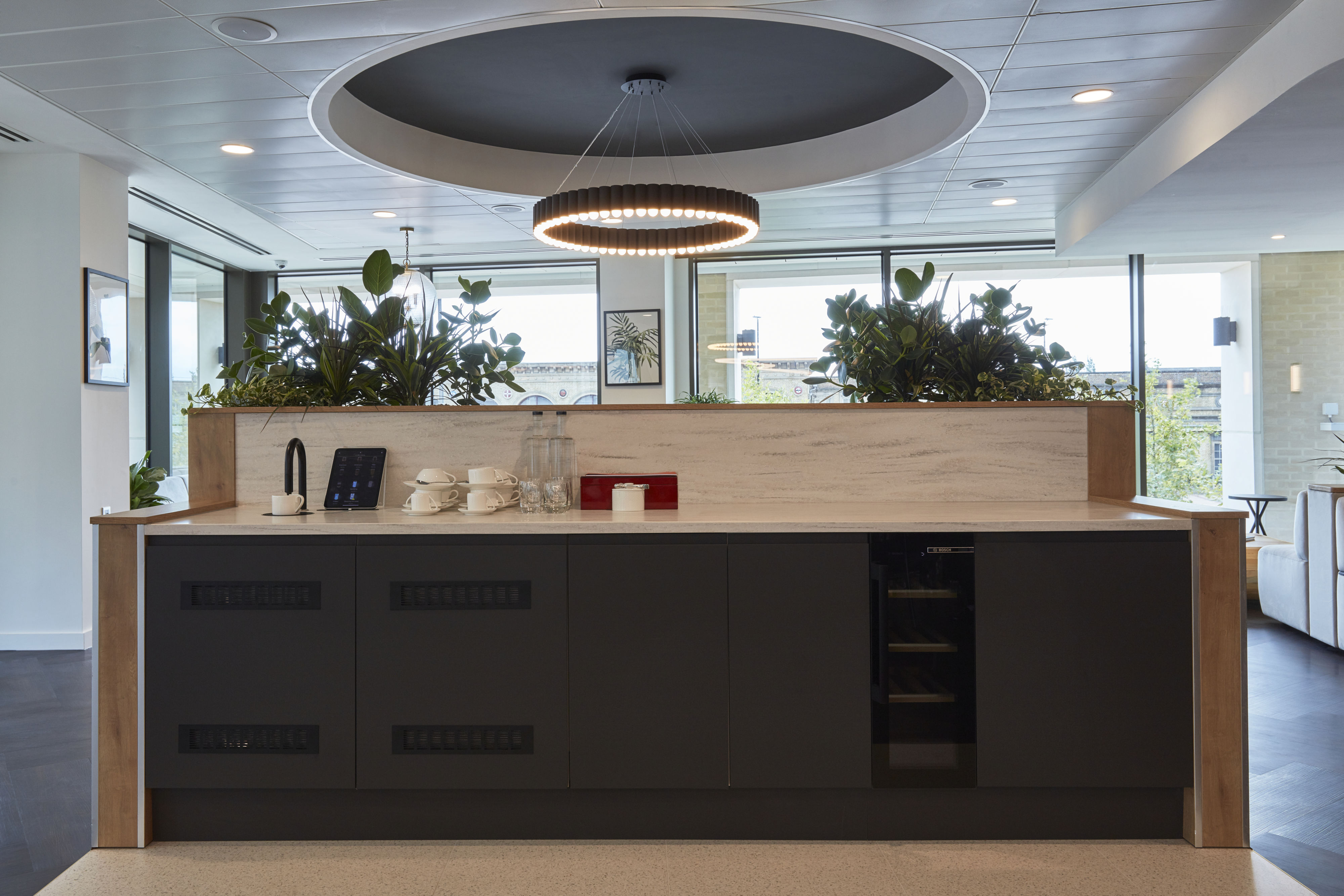 Modern kitchen with black cabinets and white countertop, featuring a tablet and cups with a sleek, ring-shaped ceiling light above. Green plants adorn the divider, enhancing a bright, open space.