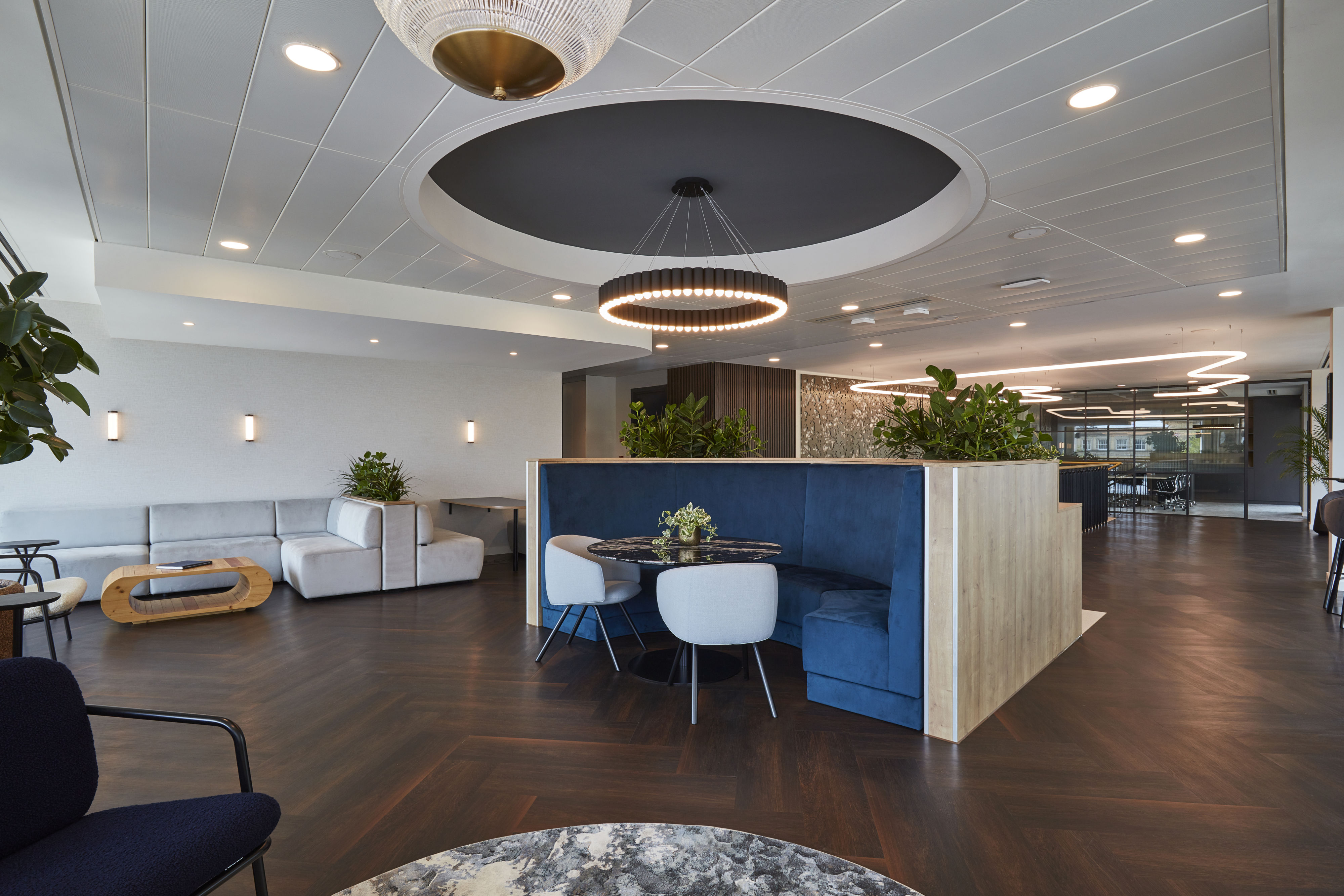 Modern office lounge with blue seating around a marble table, featuring a circular overhead light. Surrounded by plants and neutral-toned couches on dark wood flooring.