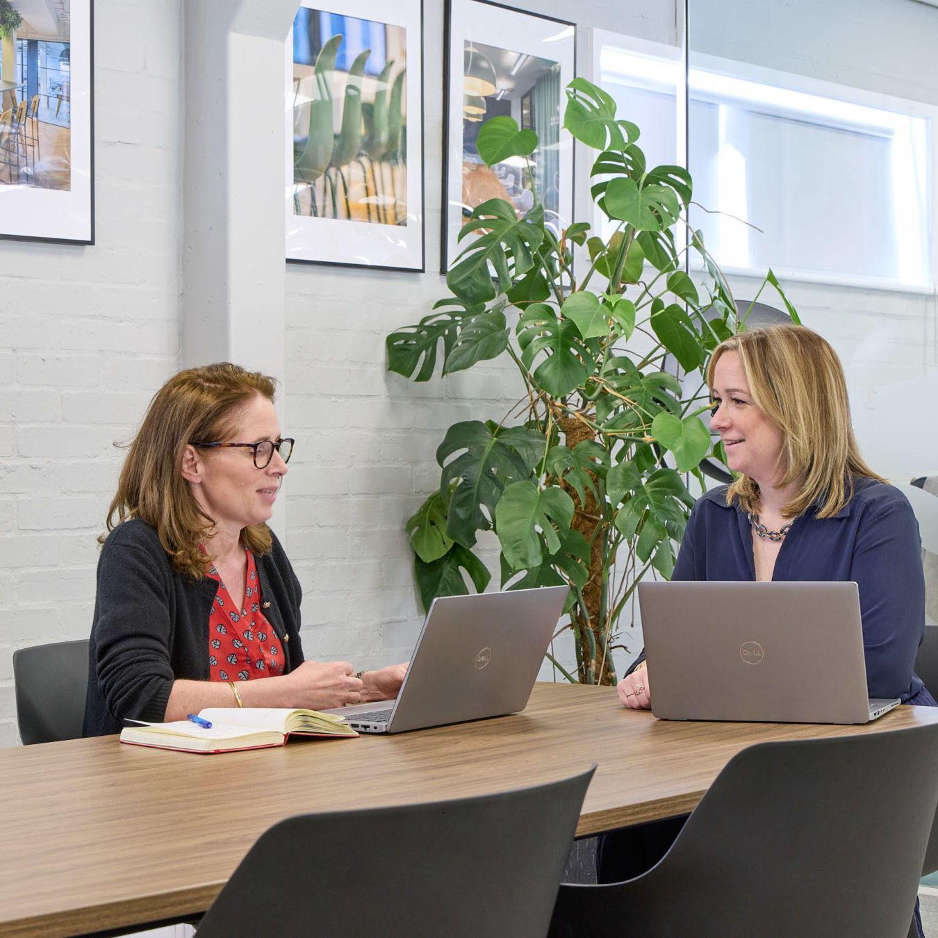 Two women sitting at a meeting table in a modern office, engaged in conversation while working on laptops, with framed artwork and a green plant in the background.