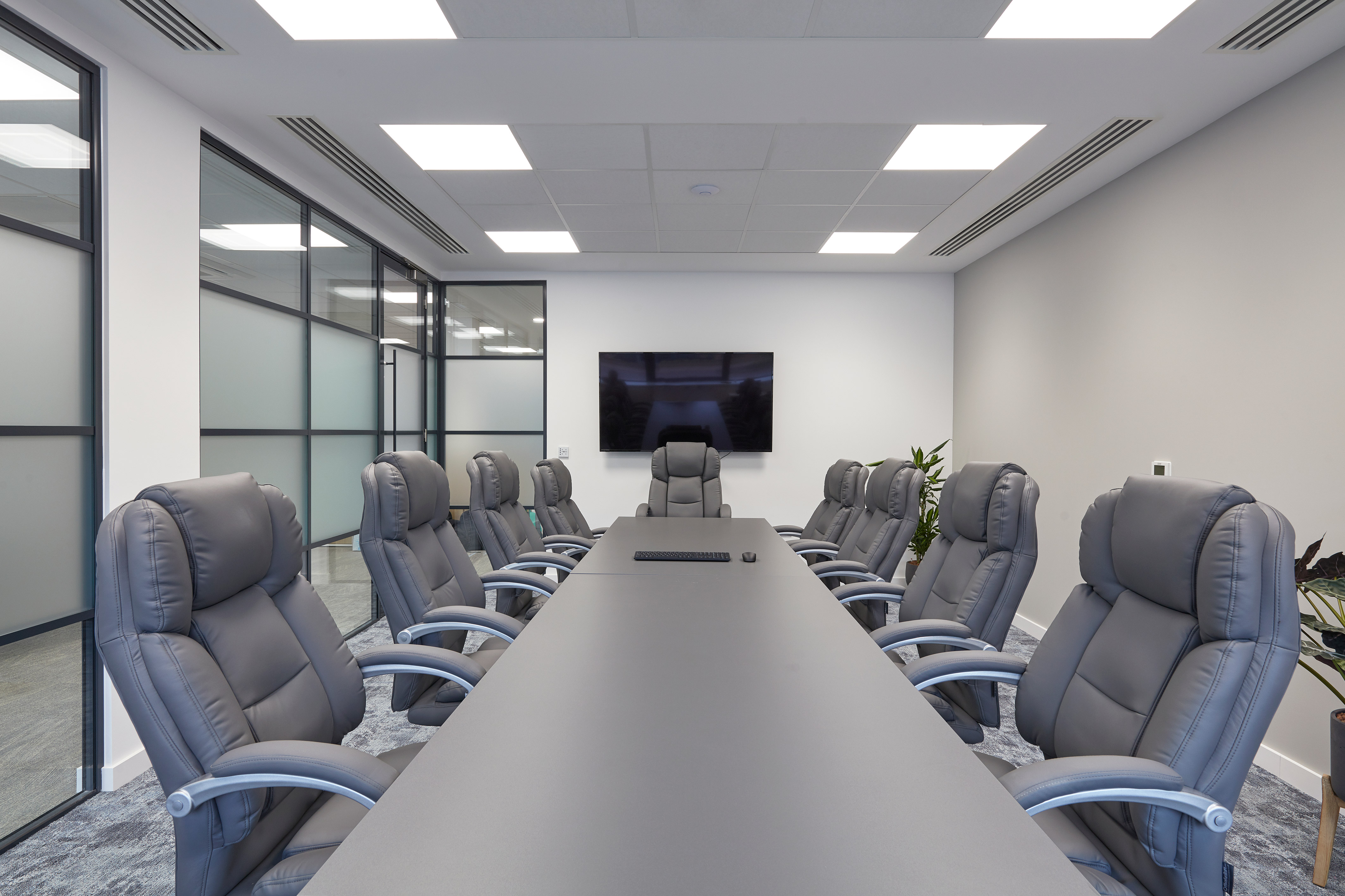 Modern conference room with a long table, twelve gray office chairs, and a wall-mounted TV. The room is bright, with plants adding freshness