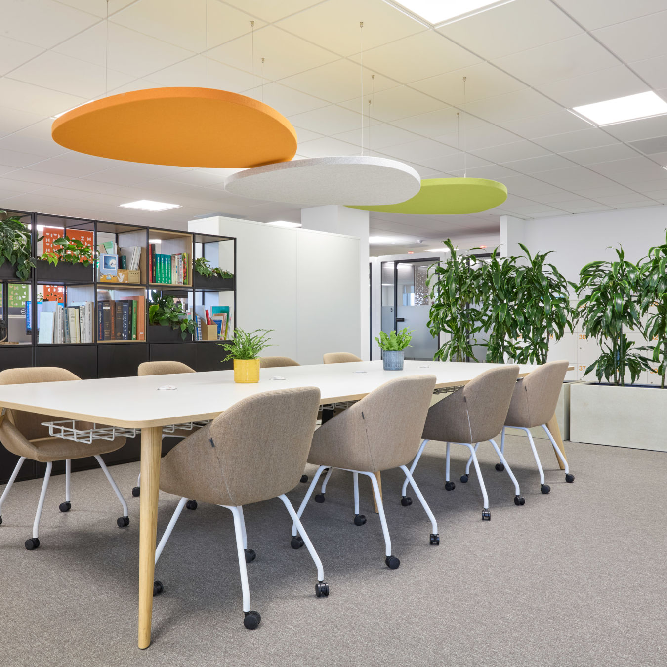 Modern office space with a large table and beige chairs. Ceiling panels in orange, white, and green add color. Bookshelves and plants create a fresh atmosphere