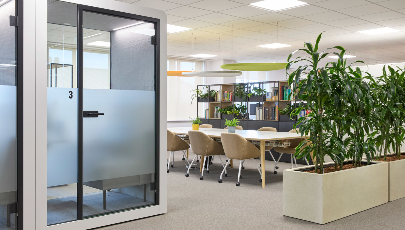 Modern open office with a private phone booth, collaborative meeting table, neutral chairs, and various indoor plants.