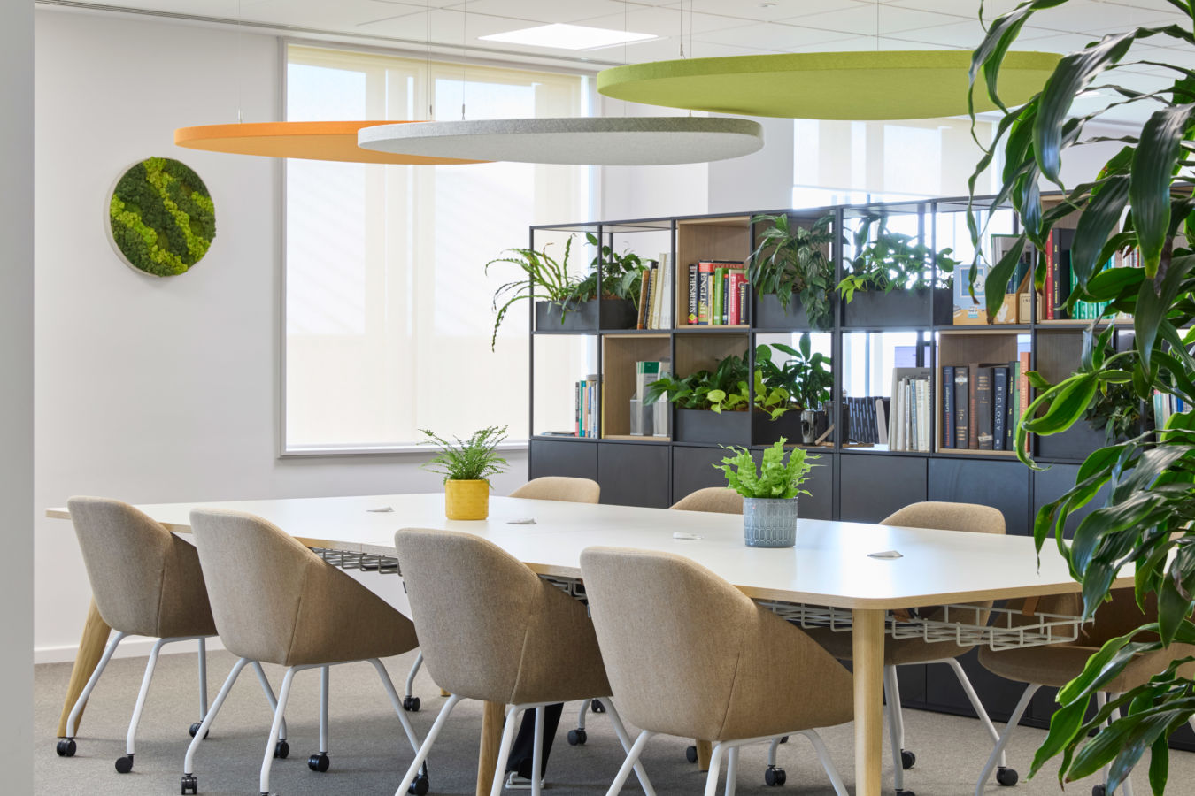 Modern office meeting room with a long white table, beige chairs, and plants. Shelves with books and more greenery create a fresh, inviting atmosphere