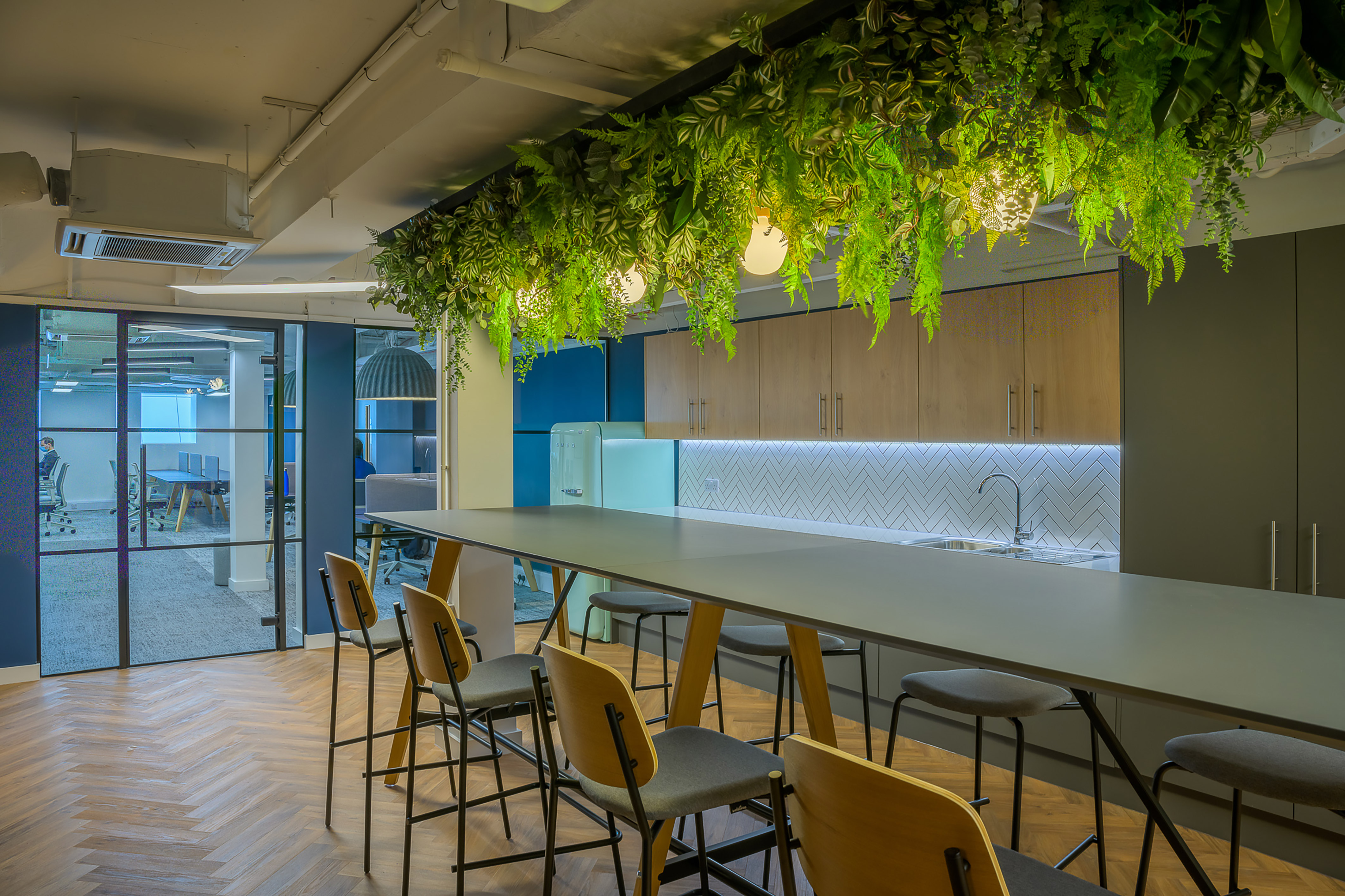 modern office break room with a long table, chairs, and lush hanging plants