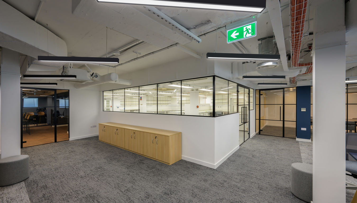 Modern office interior with gray carpet, white walls, and glass partitions. Wooden cabinets line a wall, and overhead lights create a sleek, professional feel