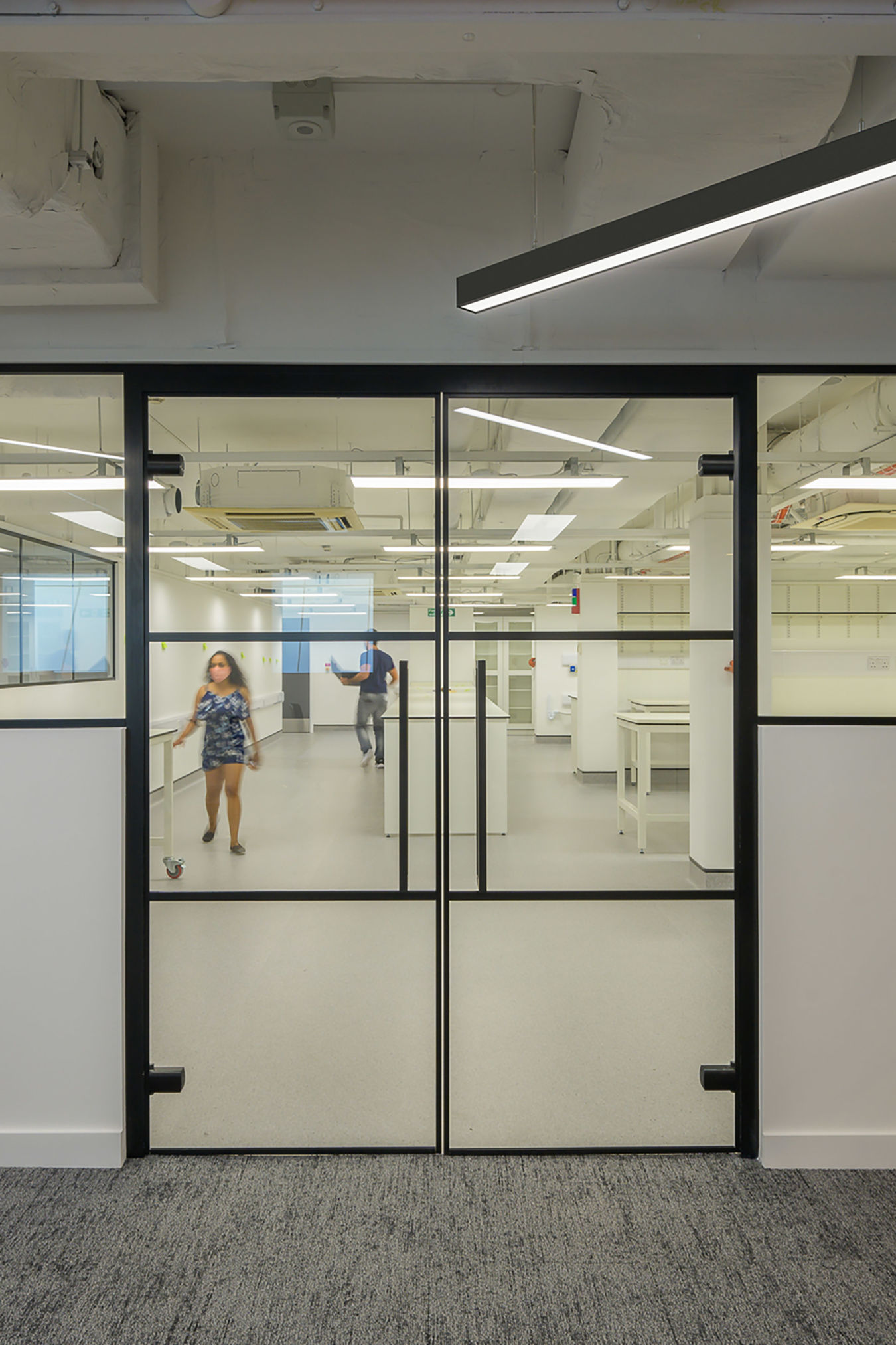 Modern office interior with black-framed glass partitions and visible laboratory space beyond, part of a COEL fit-out for Wren Therapeutics.