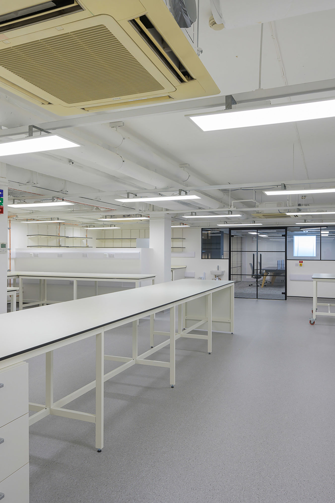 Spacious white laboratory interior with long workbenches, shelving, and overhead lighting, part of a COEL Lab Planning project for Wren Therapeutics.