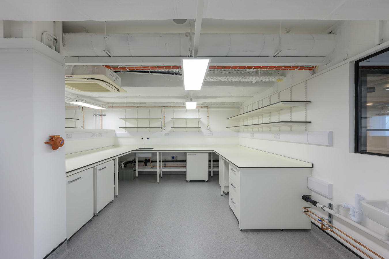 Laboratory room featuring clean white countertops and shelves, with fluorescent ceiling lights illuminating the space; cabinets and storage units below add to the organized, professional setting.
