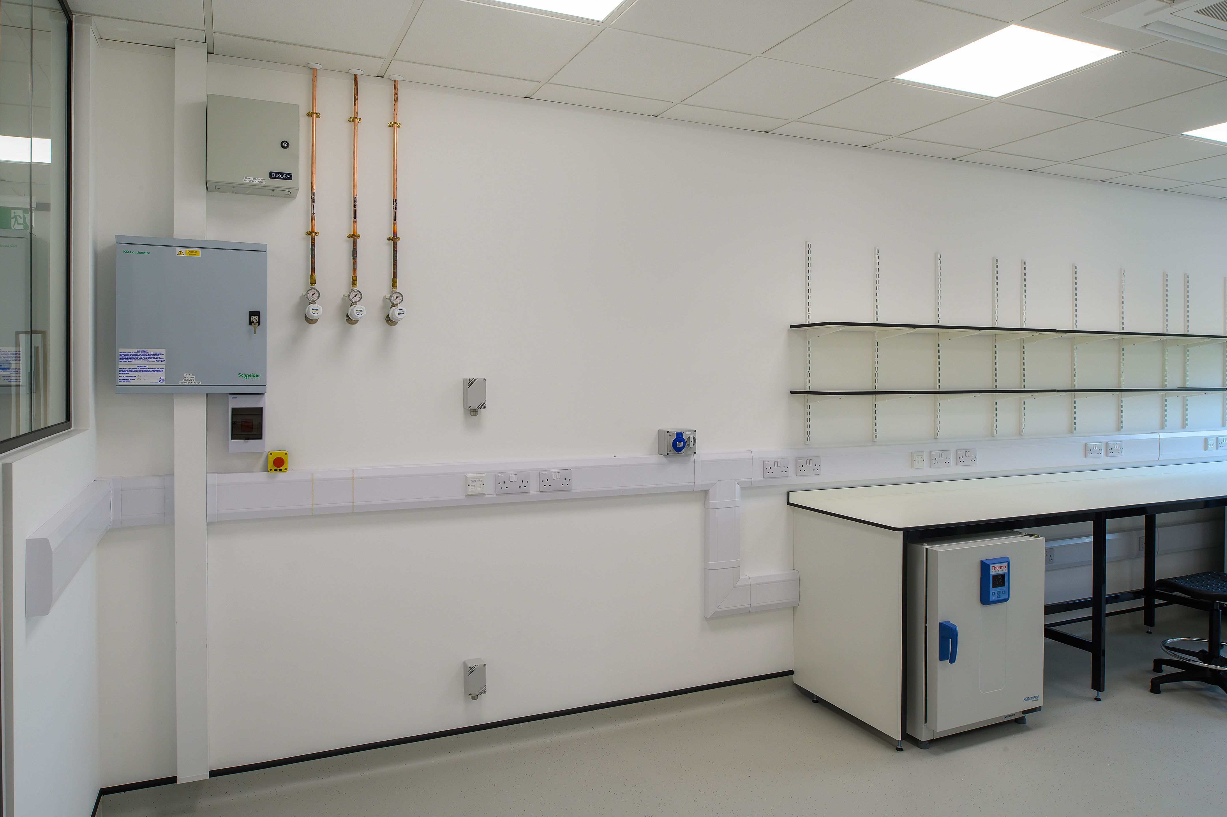 Clean and functional laboratory space with fitted workbenches, wall-mounted shelves, and utility connections, delivered by COEL for Transition Bio.