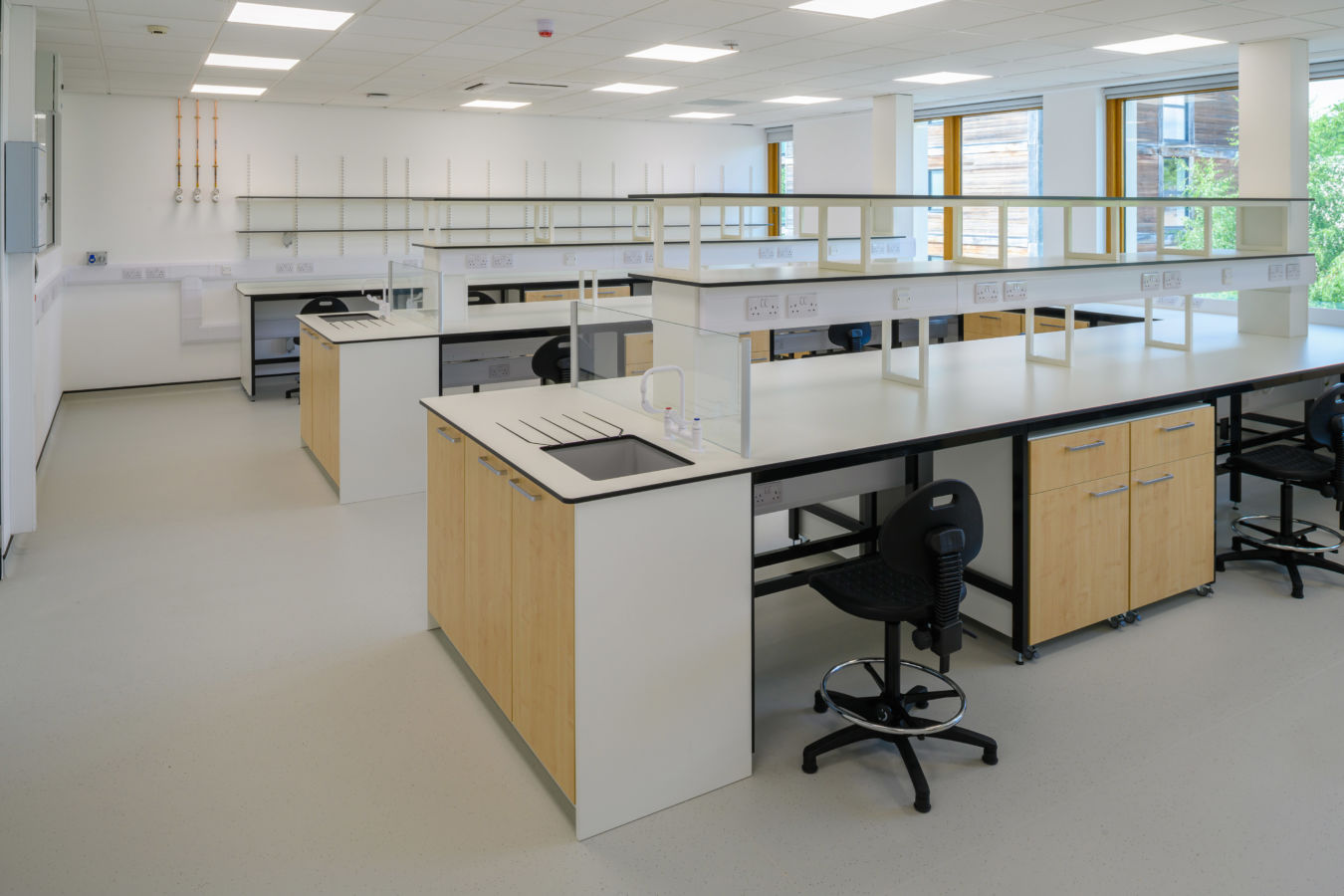 brightly lit, modern science laboratory with large windows, long workstations, black chairs, and natural wood cabinets. The space feels clean and organized
