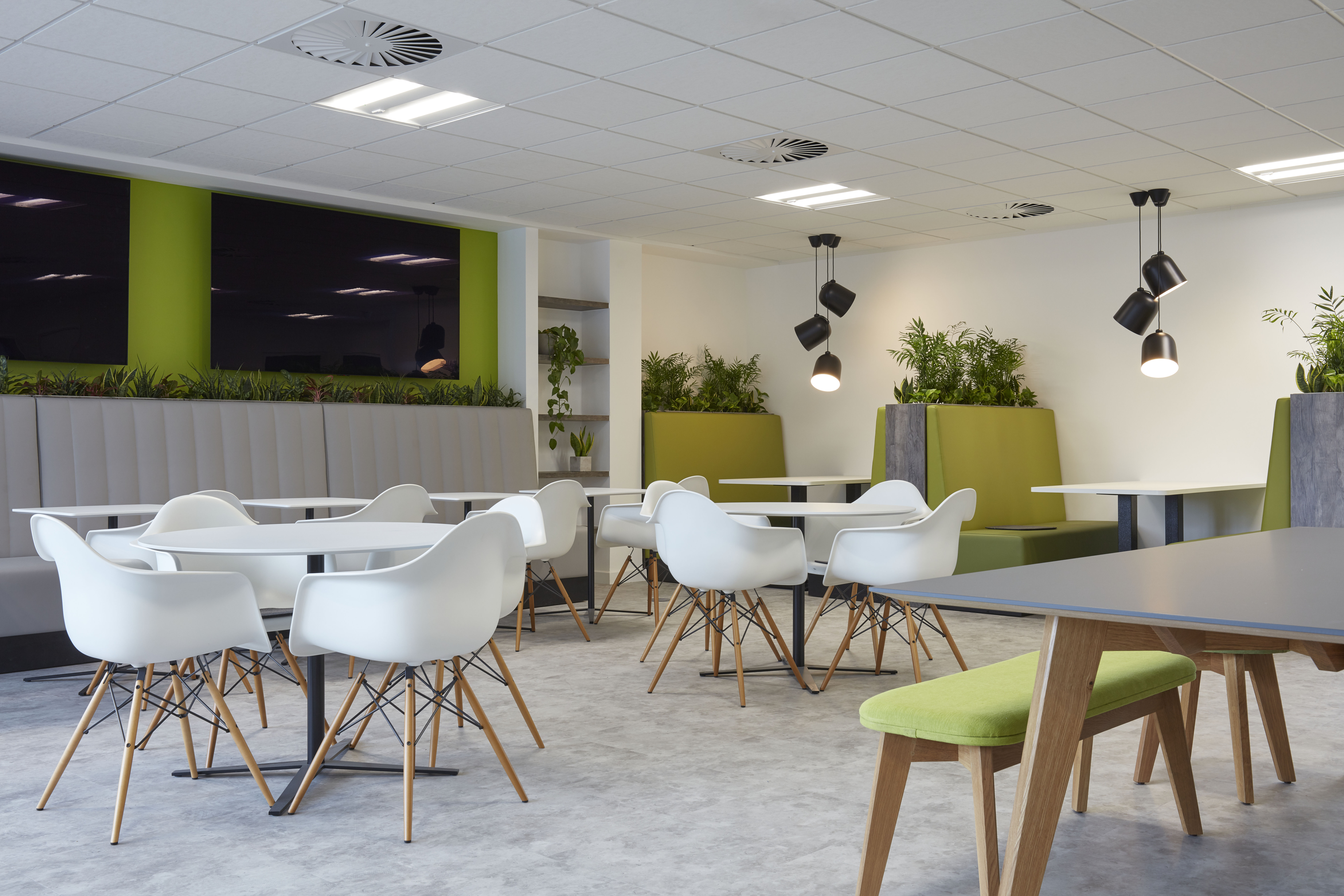 Modern dining area with white molded chairs, green bench seating, pendant lighting, and indoor plants