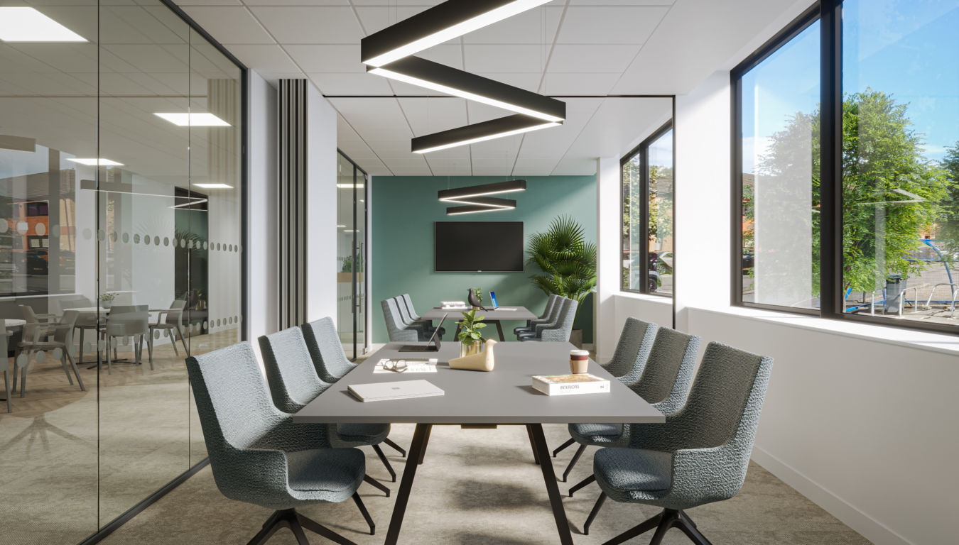 An office design render of a meeting room showing two meeting room tables each with six seats and an operable wall.