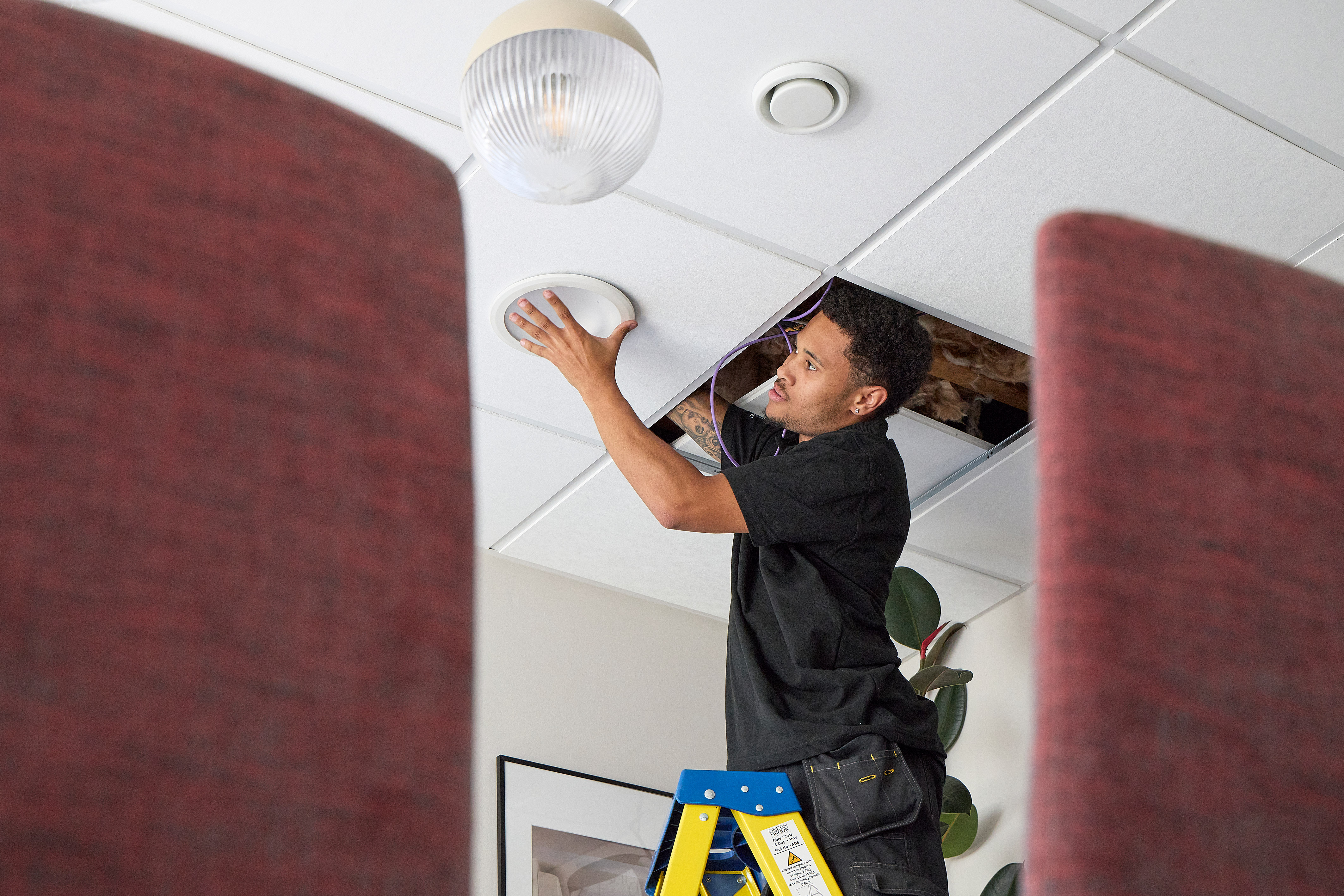 A person on a blue stepladder installs a ceiling fixture in an office with white ceiling tiles and burgundy dividers in the foreground.