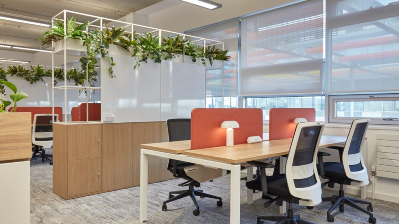 Office desks with black chairs and red dividers are arranged in a bright room with large windows. Overhead, plants hang from a white metal structure, enhancing the modern decor.