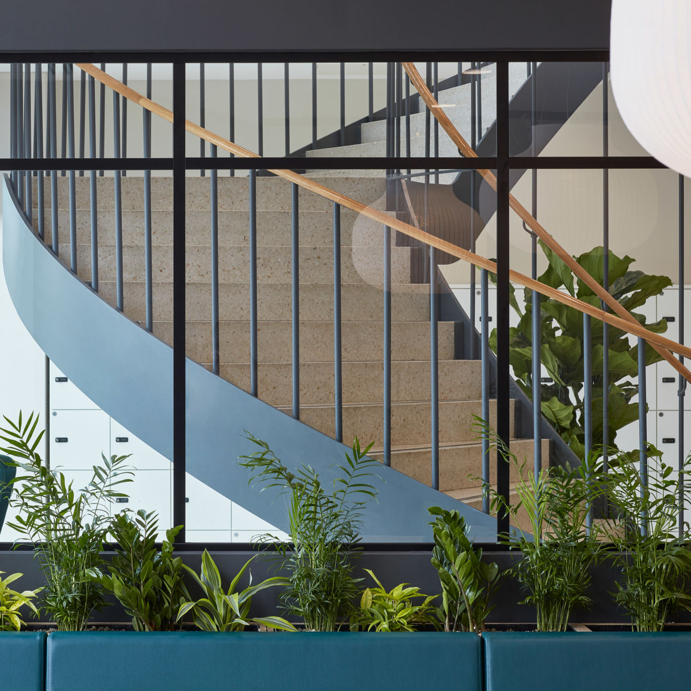 Interior view of a spiral staircase behind a glass partition with planter boxes and greenery in the foreground.