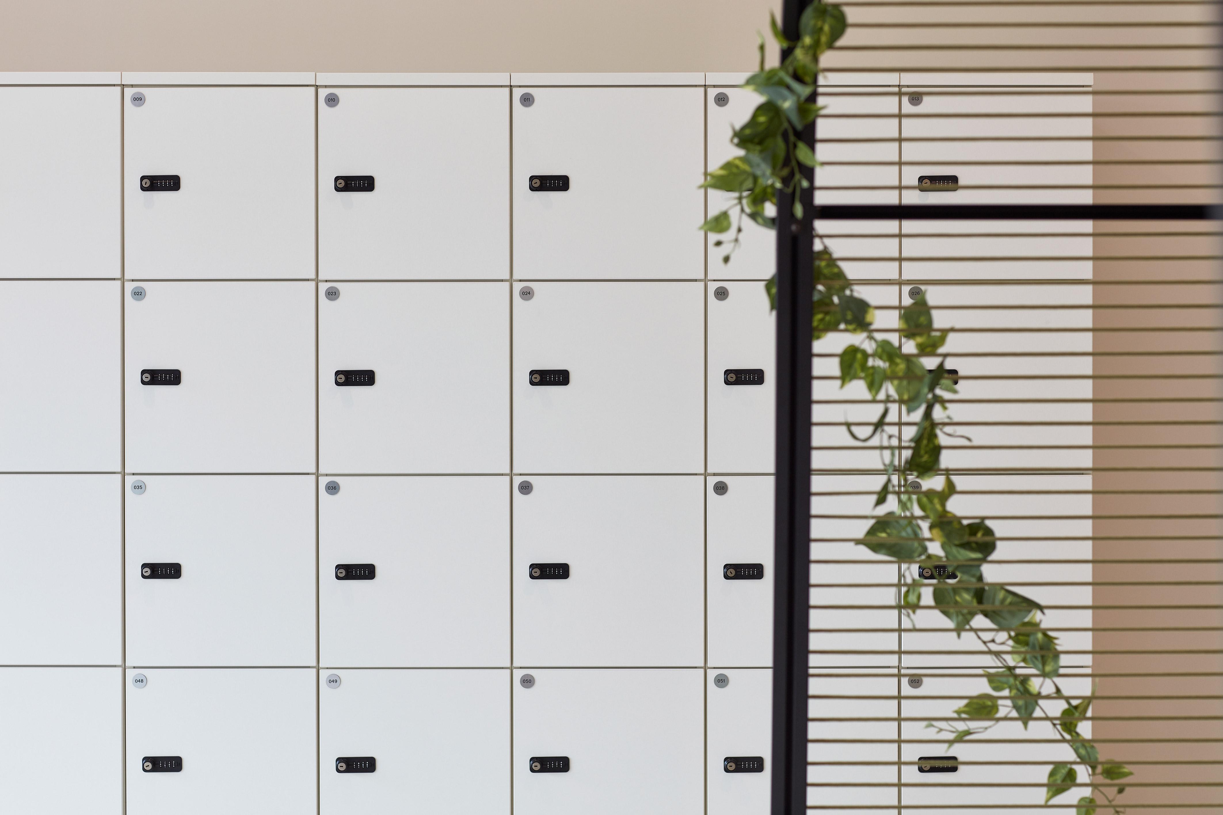 White office lockers with digital locks and a leafy green vine