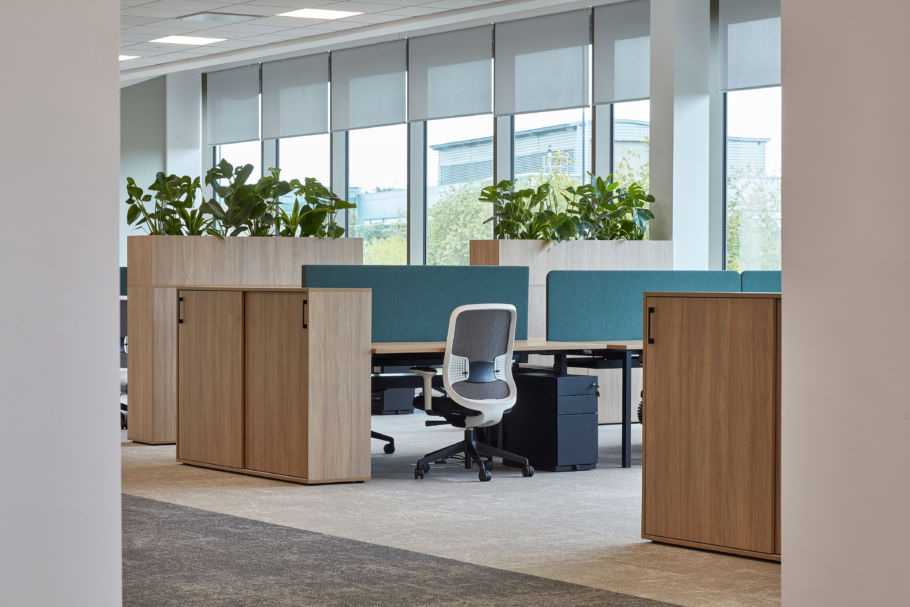 Modern office space with light wood furniture, green plants on partitions, and a single ergonomic chair at a desk. Large windows let in natural light