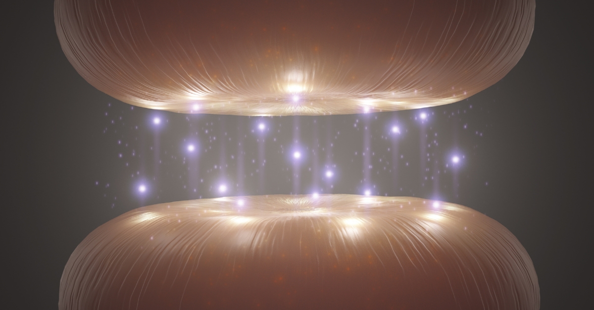 Two translucent, glowing discs hover in a vertical alignment, emitting bright light and particles, creating an ethereal atmosphere in a dim, undefined space.