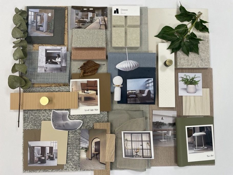 mood board featuring interior design elements: fabric swatches, wood textures, leaves, and neutral tones with photos of furniture and decor