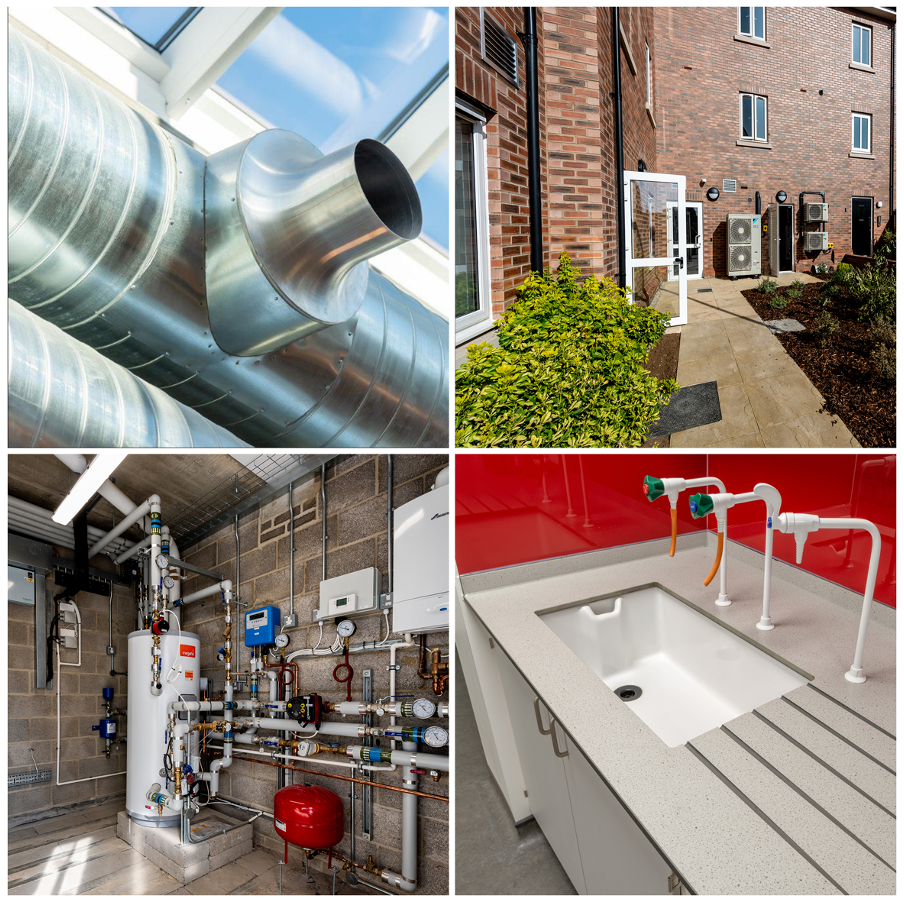 A collage features HVAC ductwork near a ceiling; an exterior view of a building with plants and pathways; interior plumbing machinery and controls in a utility room; a laboratory sink with safety taps.