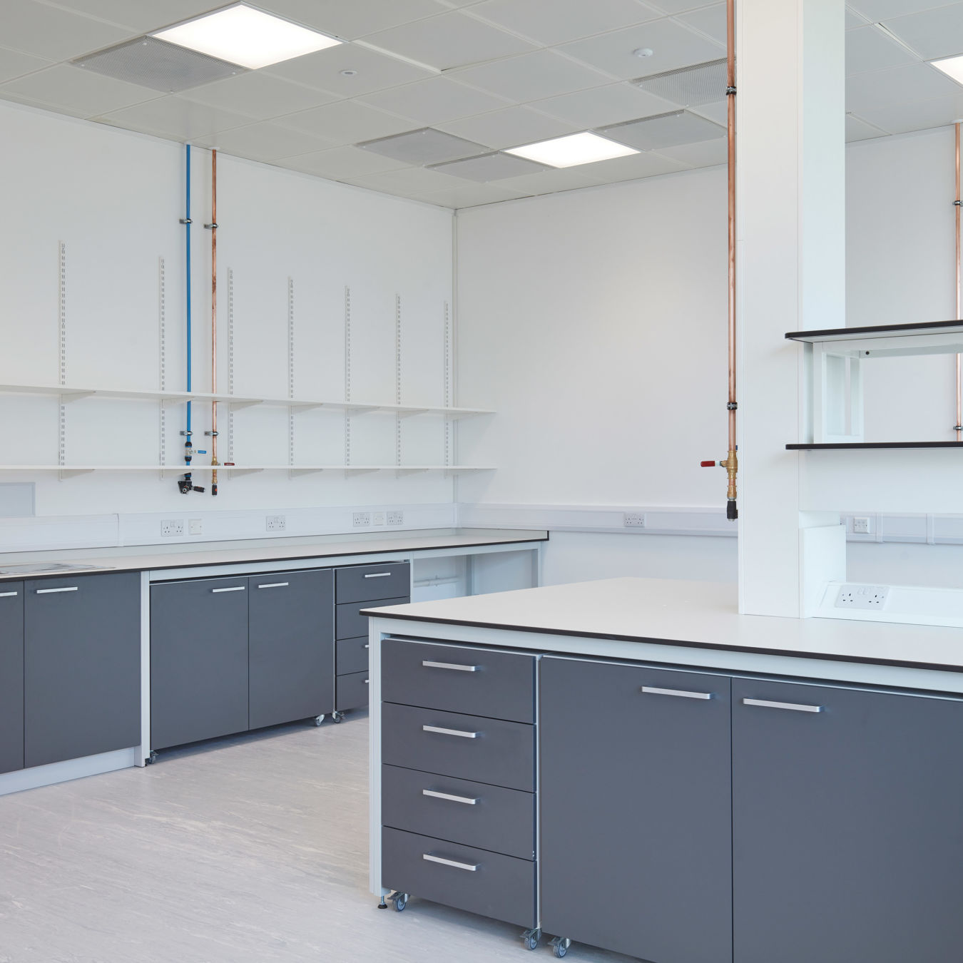 Modern laboratory room with grey lower cabinets, white countertops, wall-mounted shelves, and ceiling-mounted lighting in a clean, minimalistic layout.