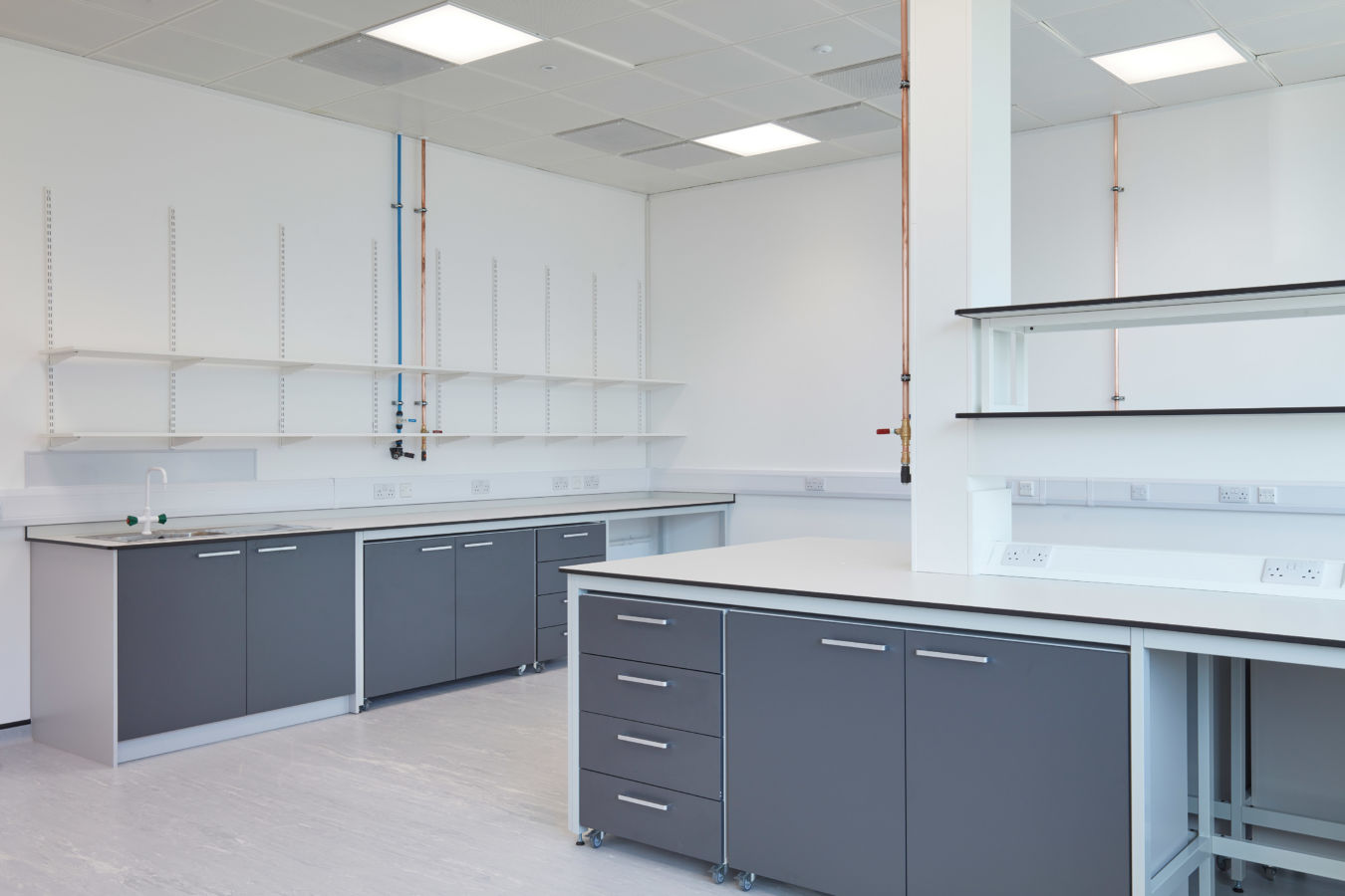 Modern, empty laboratory with gray cabinets, white countertops, open shelves, sinks, and visible electrical outlets, under bright ceiling lights