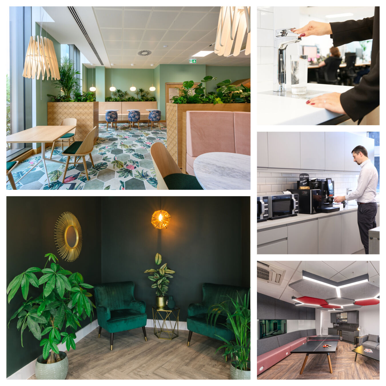 A collage of modern office spaces: seating area with green plants and geometric carpet; person using a water dispenser; individual at a coffee machine in a kitchen; lounge with green chairs, plants, and wall decor; office recreation area with a ping-pong table.