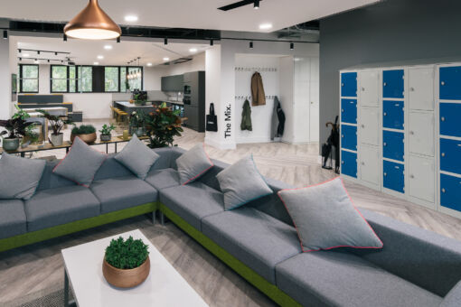 Contemporary office lounge with a modular grey sofa, scatter cushions, indoor plants, and blue personal lockers in the background.