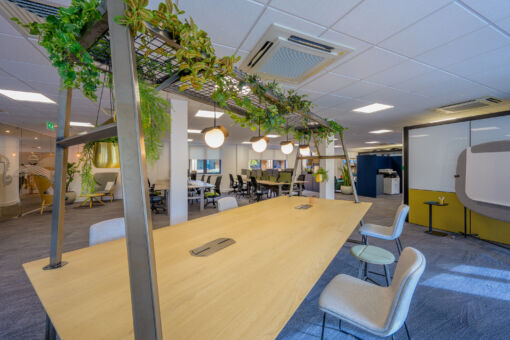 Open-plan coworking space with a long wooden table, modern chairs, hanging plants, and ceiling lights.